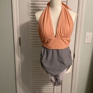 Cupshe Peach, black & white striped one piece swimsuit Size L.